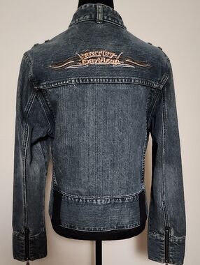 Harley-Davidson Denim Jacket Large Embroidered Logo Leather Trim Snap Front Zip